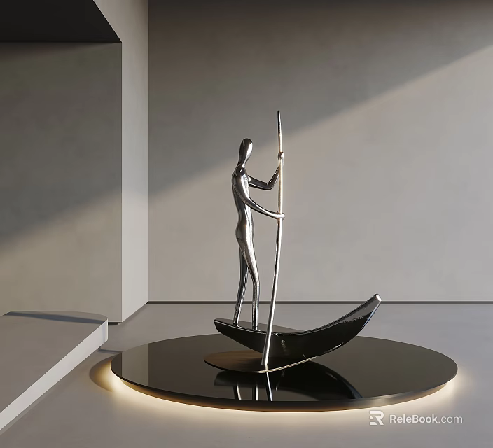 Silver Human Figure Sculpture Standing On Boat Shaped Base With Black Circular Platform 3d model