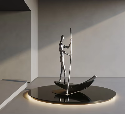 Silver Human Figure Sculpture Standing On Boat Shaped Base With Black Circular Platform 3d model