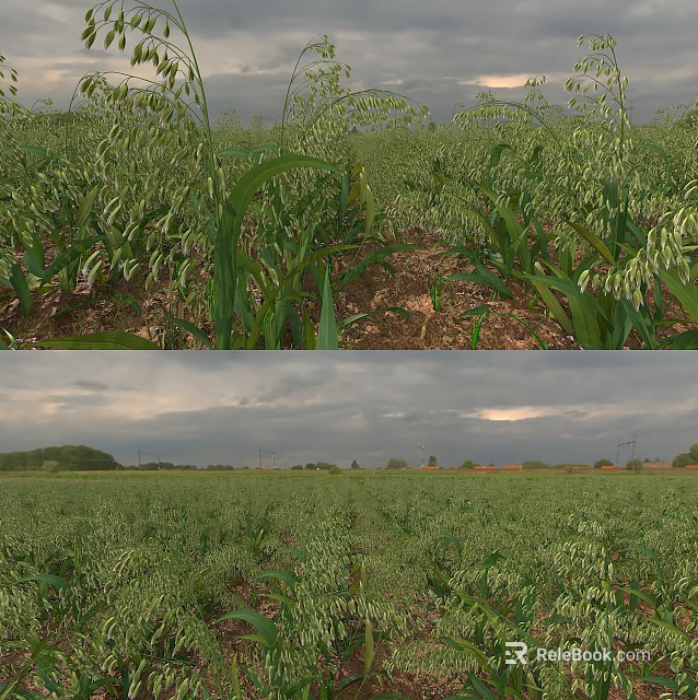 Garden Landscape With Green Crop Fields Distant Windmill And Cloudy Sky 3d model