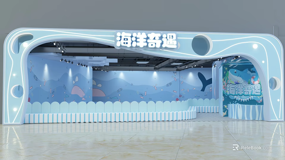Ocean Adventure Themed Indoor Space With Blue Walls Wave Designs And Marine Life Decorations 3d model 