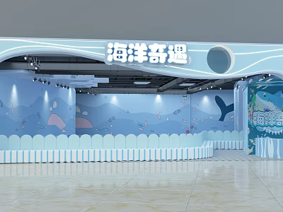 Ocean Adventure Themed Indoor Space With Blue Walls Wave Designs And Marine Life Decorations 3d model