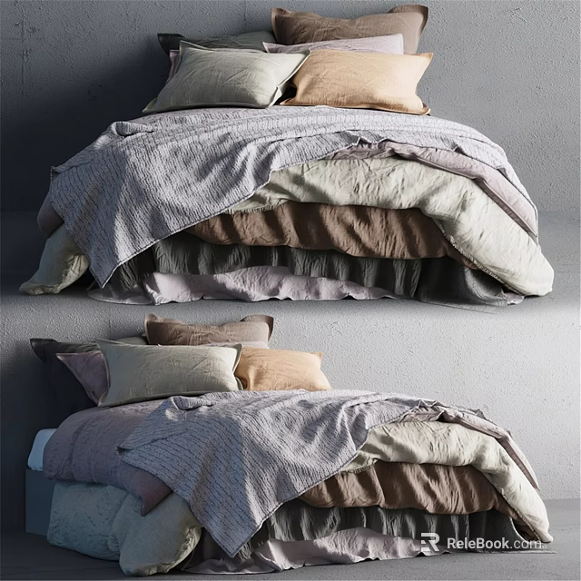 Cozy Double Bed With Layered Linen Bedding And Beige Brown Gray Pillows 3d model 