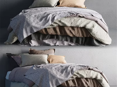 Cozy Double Bed With Layered Linen Bedding And Beige Brown Gray Pillows 3d model