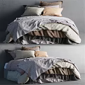 Cozy Double Bed With Layered Linen Bedding And Beige Brown Gray Pillows