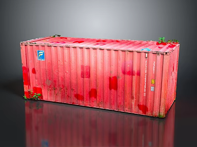 Rusty Red Shipping Container With Blue Logo And Worn Industrial Equipment 3d model