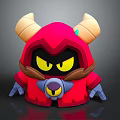 Cute 3D Cartoon Game Movie Character With Red Hood Yellow Horns And Purple Accessory