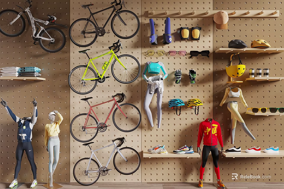 Sports Fitness Store Display Wall With Hanging Bicycles Sportswear And Mannequins 3d model 