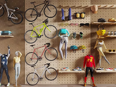 Sports Fitness Store Display Wall With Hanging Bicycles Sportswear And Mannequins 3d model