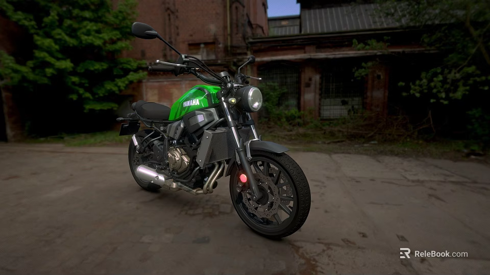 Green Motorcycle Parked Near Abandoned Building With Greenery And Cement Ground 3d model 