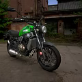 Green Motorcycle Parked Near Abandoned Building With Greenery And Cement Ground