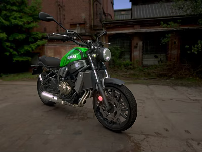 Green Motorcycle Parked Near Abandoned Building With Greenery And Cement Ground 3d model