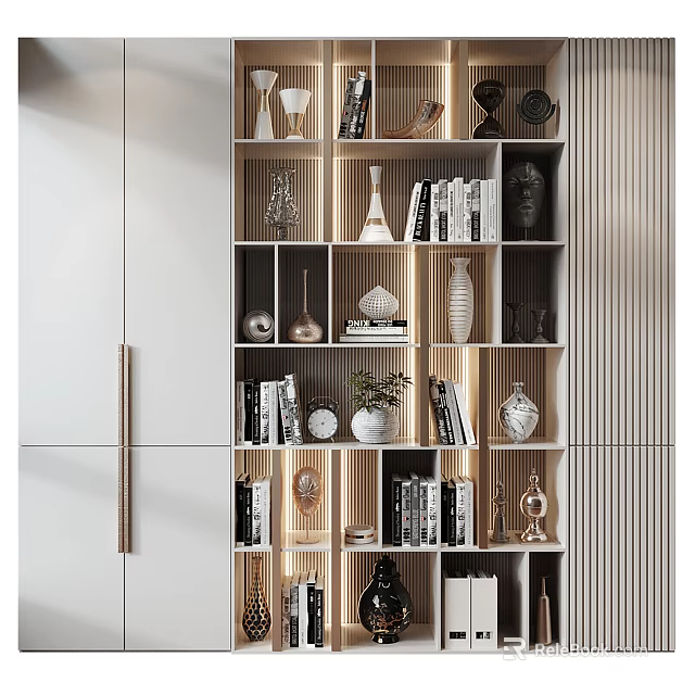 Elegant Modern Decorative Cabinet With Glass Shelves Books Vases And LED Lighting 3d model 