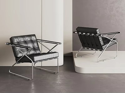 Two Modern Black Leather Accent Chairs With Sleek Metal Frames And Contemporary Interior 3d model
