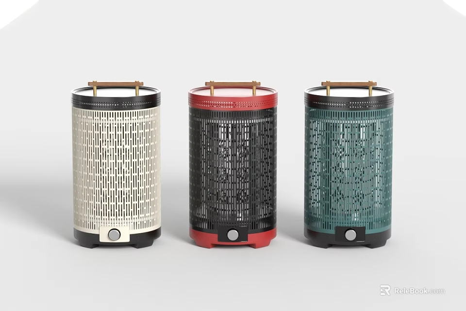 Portable Electric Heaters With Woven Texture Wooden Handle Beige Red Green Colors 3d model 