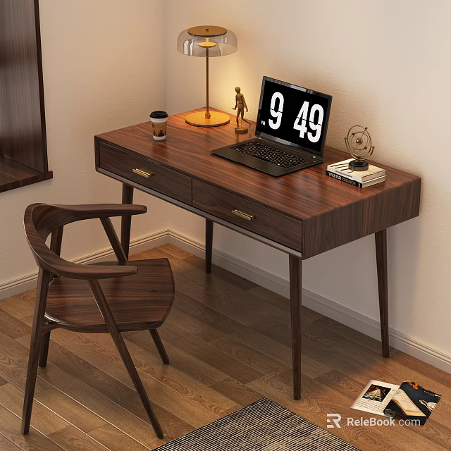 Wooden Writing Desk with Laptop Table Lamp Coffee Cup Small Statue Clock and Chair 3d model 