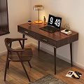 Wooden Writing Desk with Laptop Table Lamp Coffee Cup Small Statue Clock and Chair