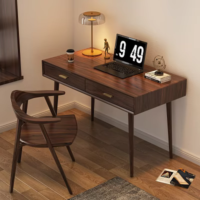 Wooden Writing Desk with Laptop Table Lamp Coffee Cup Small Statue Clock and Chair 3d model