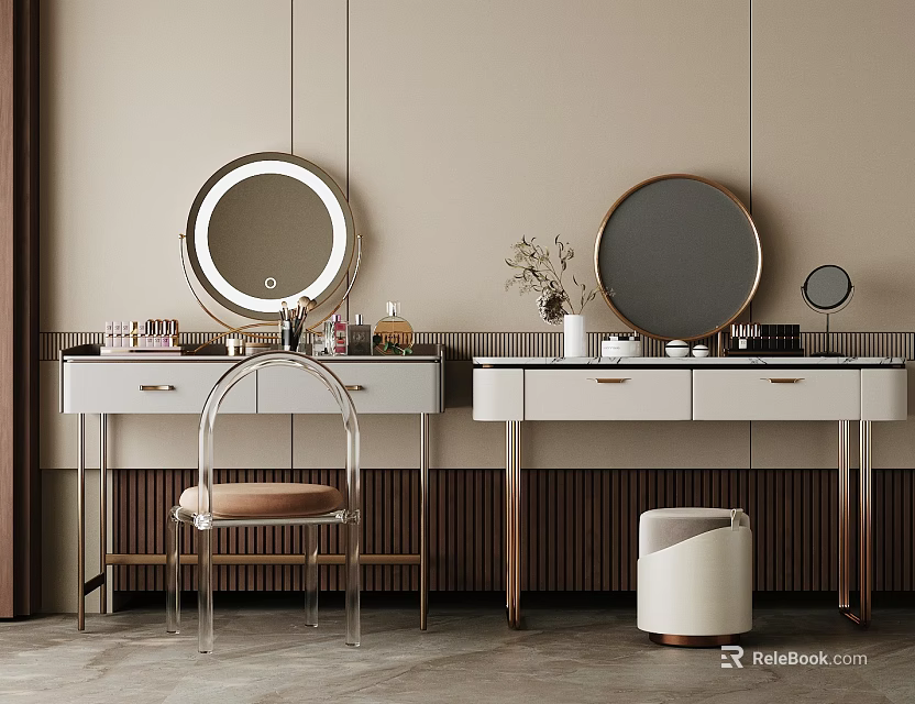 Modern Vanity Table With Round Mirrors Cosmetics Chair And Trash Bin 3d model