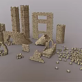 Medieval Stone Castle Ruin Components With Tower Arches And Wall Fragments