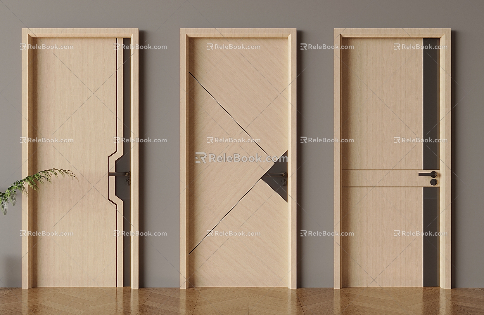 Modern log wind flat door solid wood single door 3d model