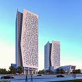 Twin Modern Office Buildings Featuring Geometric Patterns And Greenery Under Blue Sky 3d model