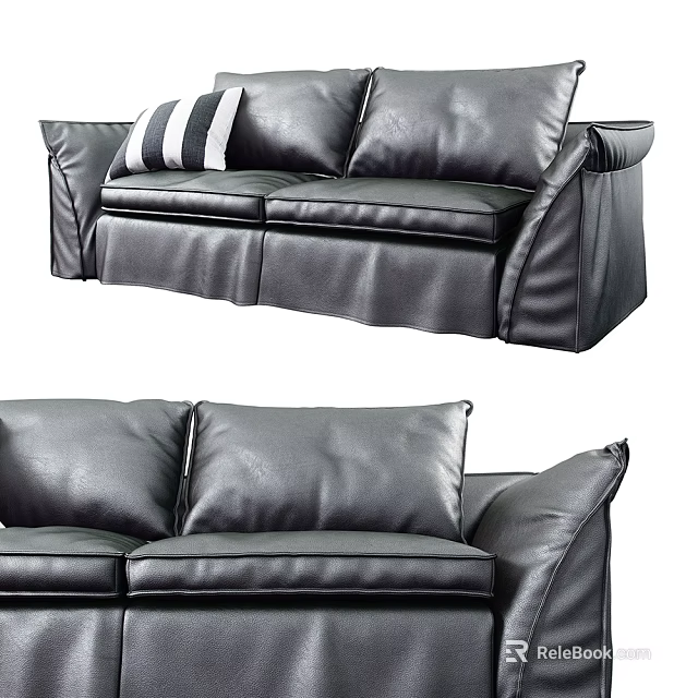 Black Leather Two Seater Sofa With Striped Cushion Modern Comfortable Design 3d model 