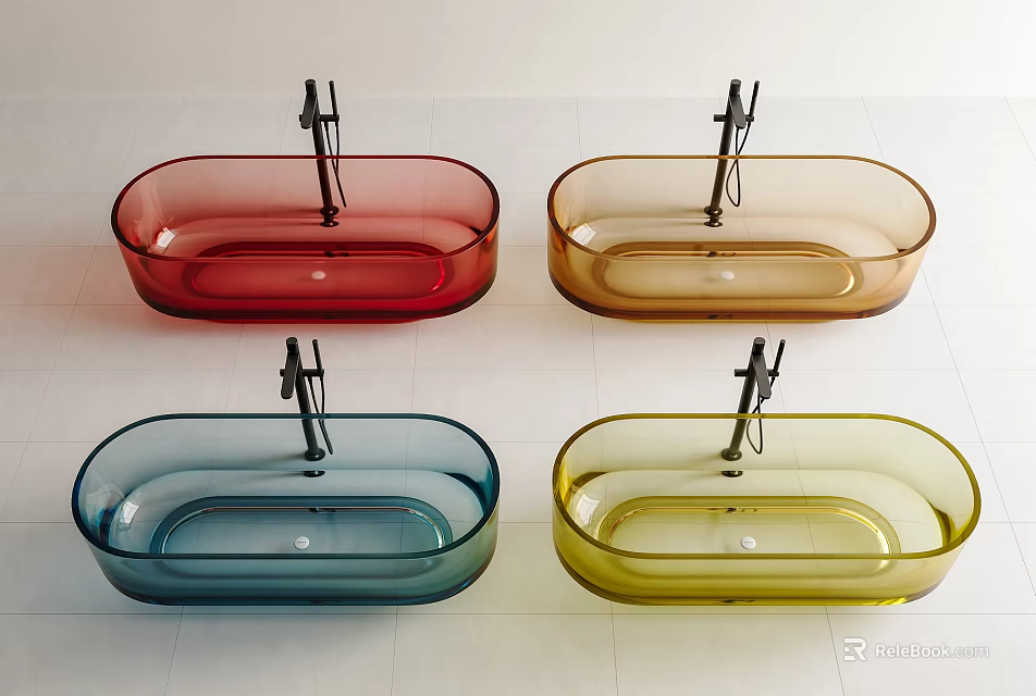 Transparent Glass Oval Bathtubs In Red Brown Blue Yellow With Metal Stands 3d model 