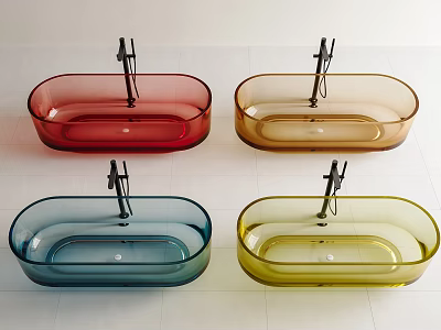 Transparent Glass Oval Bathtubs In Red Brown Blue Yellow With Metal Stands 3d model