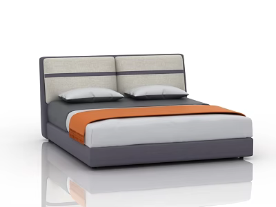 Modern Double Bed With Gray And Beige Headboard Two Pillows And Orange Blanket 3d model