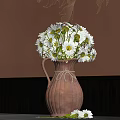 Brown Ceramic Vase With White Daisies Against Orange Wall Gold Floral Patterns And Gray Panels