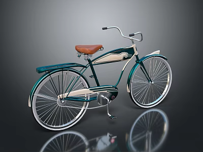 Vintage Bicycle With Green Cream Frame Brown Leather Seat And White Spoke Wheels 3d model