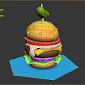 Colorful Burger with Yellow Bun Green Topping Tomato Cheese Purple Onion Lettuce on Blue Paper