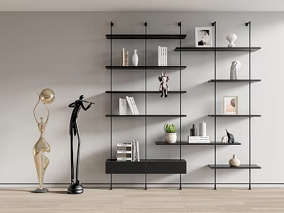 Modern Black Wall Mounted Shelving Unit With Books Decorative Items And Potted Plant 3d model
