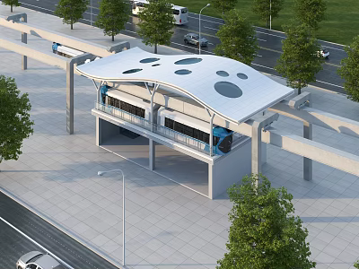 Modern Tram Platform With Unique Covered Roof And Green Trees Along Road 3d model