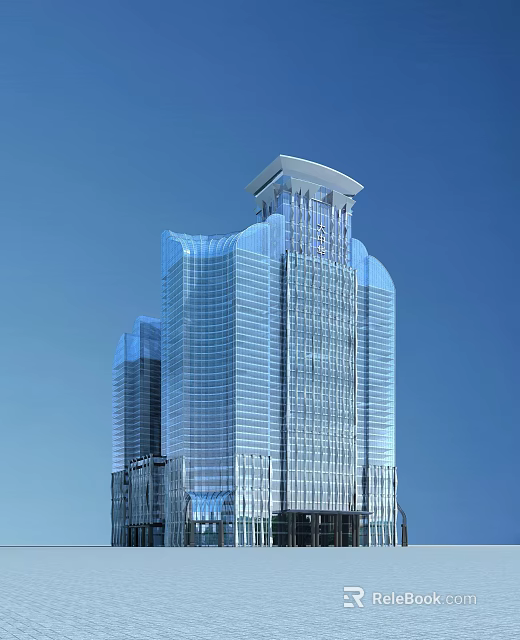 Modern Office Building With Glass Curtain Wall High Rise Unique Top Design And Blue Sky 3d model 