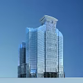 Modern Office Building With Glass Curtain Wall High Rise Unique Top Design And Blue Sky