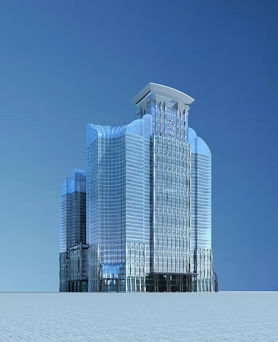 Modern Office Building With Glass Curtain Wall High Rise Unique Top Design And Blue Sky 3d model