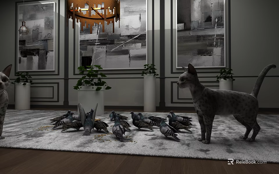 Cat Standing Among Pigeons In Indoor Scene With Rug Potted Plants Wall Paintings And Chandelier 3d model 