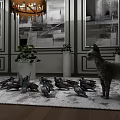 Cat Standing Among Pigeons In Indoor Scene With Rug Potted Plants Wall Paintings And Chandelier