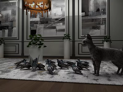 Cat Standing Among Pigeons In Indoor Scene With Rug Potted Plants Wall Paintings And Chandelier 3d model