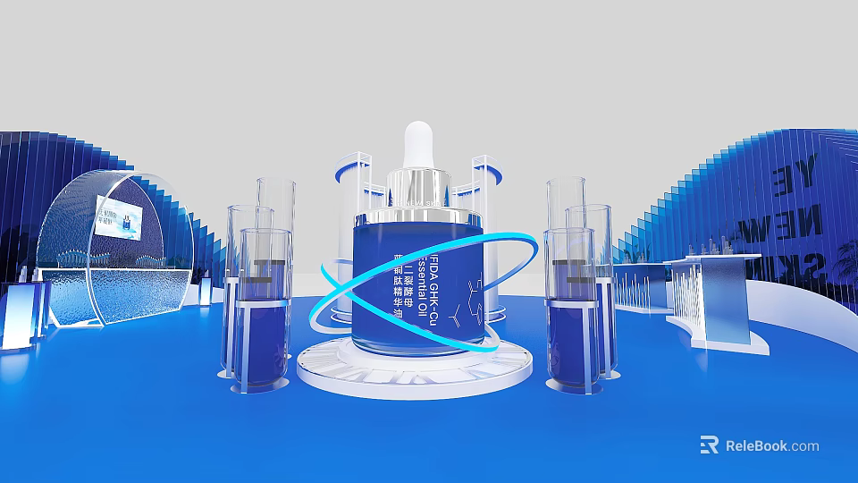 Doubleskin Hyaluronic Acid Serum Display With Glass Containers In Modern Blue Scene 3d model 