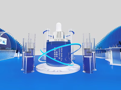 Doubleskin Hyaluronic Acid Serum Display With Glass Containers In Modern Blue Scene 3d model