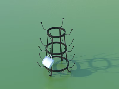 Black Metal Storage Rack Featuring Multiple Circular Layers Surrounding Hooks and Hanging White Tag 3d model