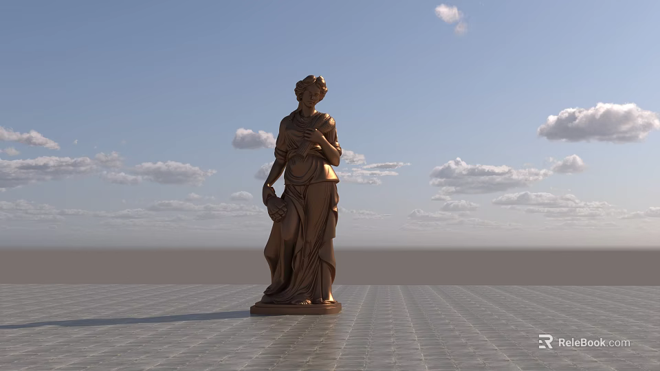 Bronze Female Sculpture Carving With Blue Sky And Clouds On Tiled Ground 3d model 