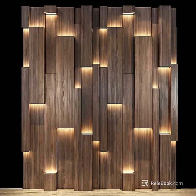 Modern Wooden Panel Wall With Embedded Warm Yellow Lighting And Cozy Ambiance 3d model 