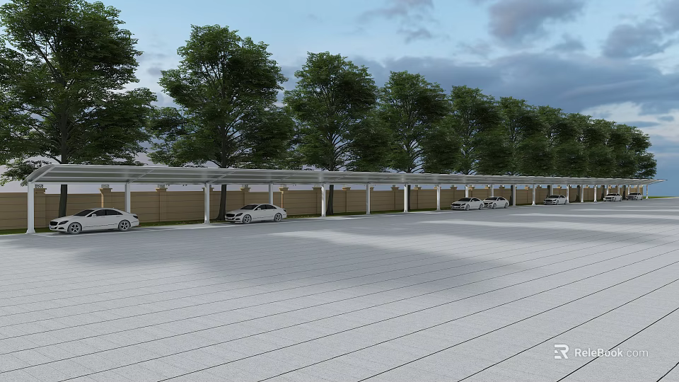 Parking Lot Canopy Providing Shade for Cars with Green Trees and Clear Sky 3d model 