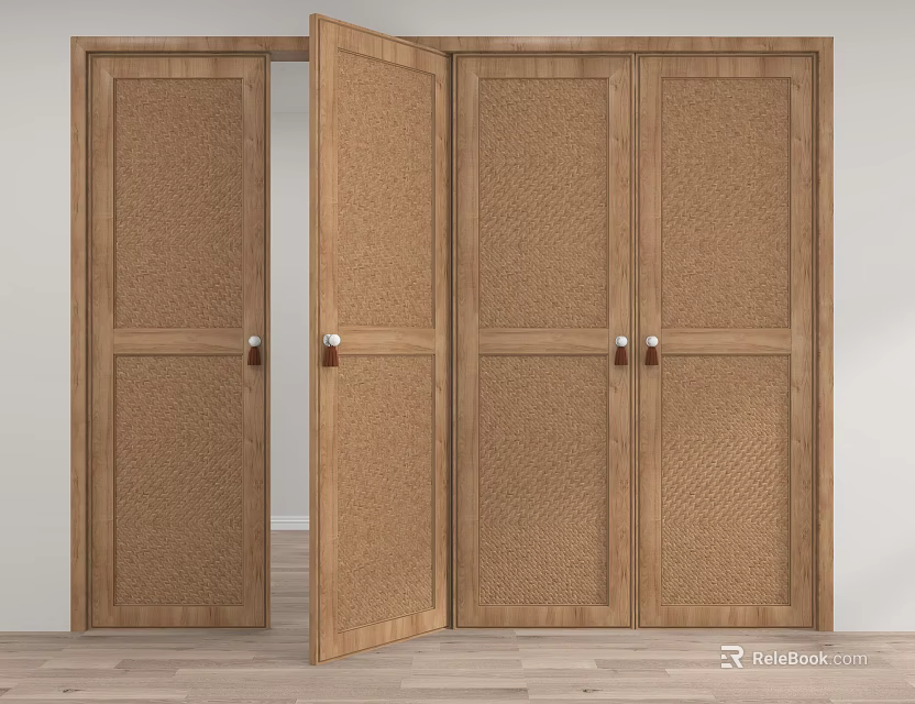 Wooden Doors With Woven Texture One Open And Others Closed In Home Interior 3d model 