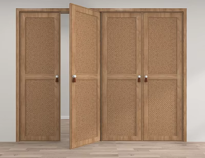 Wooden Doors With Woven Texture One Open And Others Closed In Home Interior 3d model