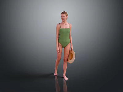 Woman Wearing Green One Piece Swimsuit Holding Straw Hat Against Gray Background 3d model