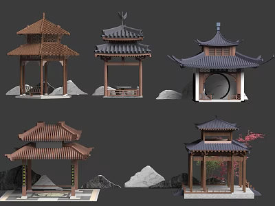 Traditional Chinese Pavilions With Various Roof Designs Rock Formations And Decorative Plants 3d model
